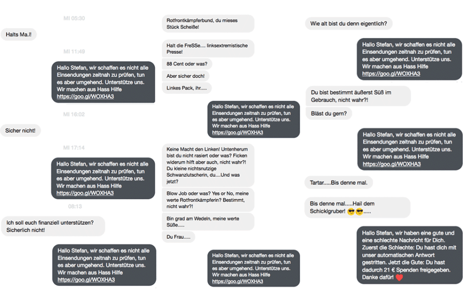 Chatbots hass hilft fb hoods blog Fruchtbarer Dialog mit der automatischen Antwort von Hass Hilft